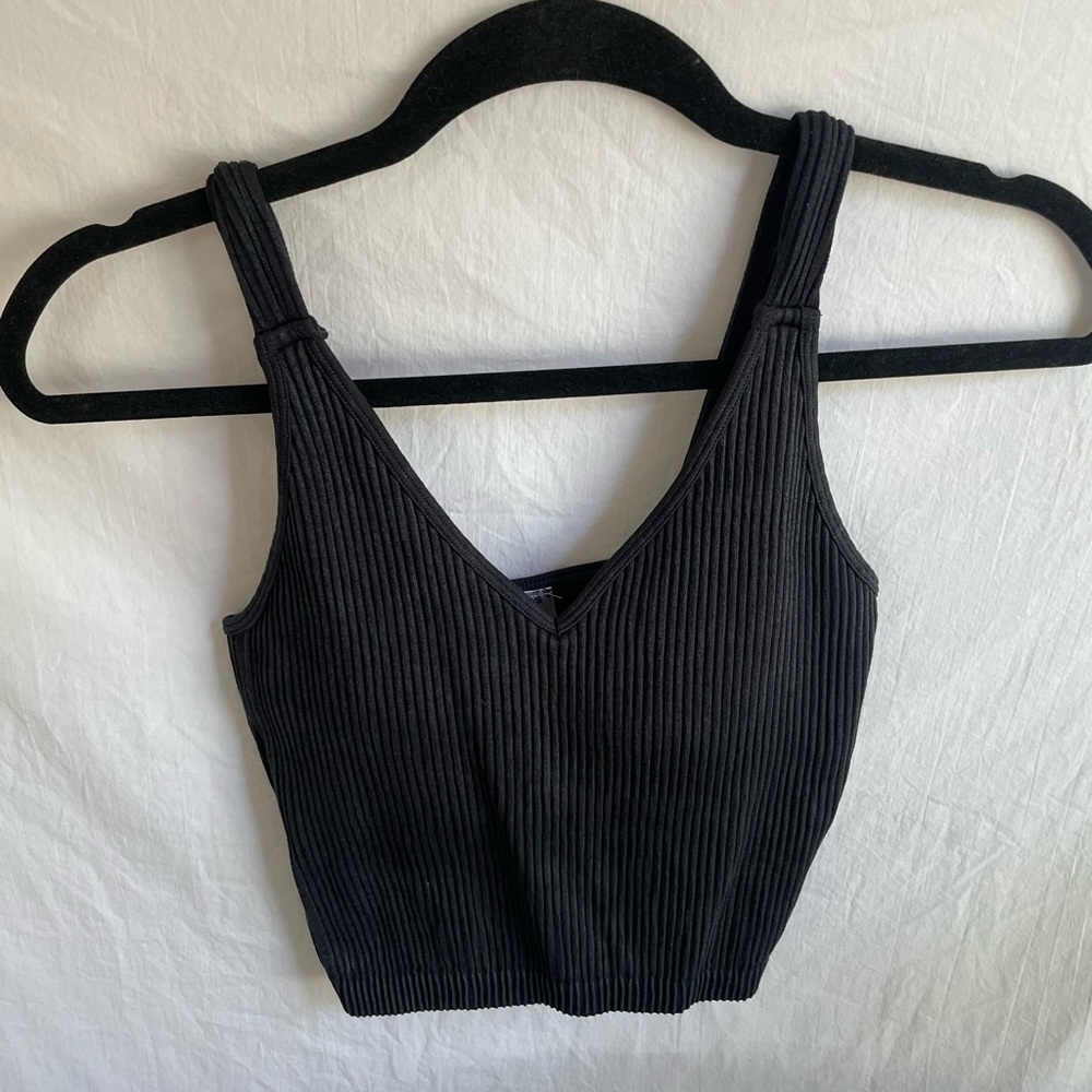 Black Ribbed Crop Tank Top With Inserts
